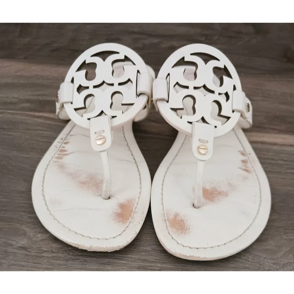 Tory Burch Miller Thong Sandal Ivory Smooth Leather w Dustbag Sz 9M